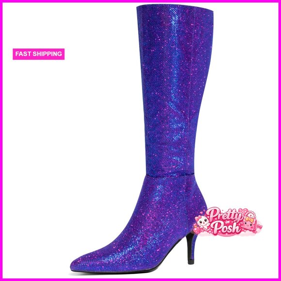 Glitter Knee High Boots Stiletto Heel Pointy Toe Size 7
